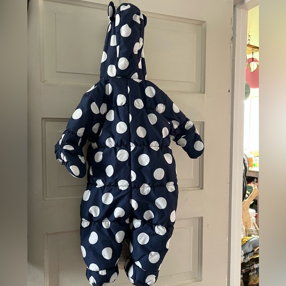Snowsuit Polka Dot Navy with ruffle detail and ears on hood - Picture 2 of 9